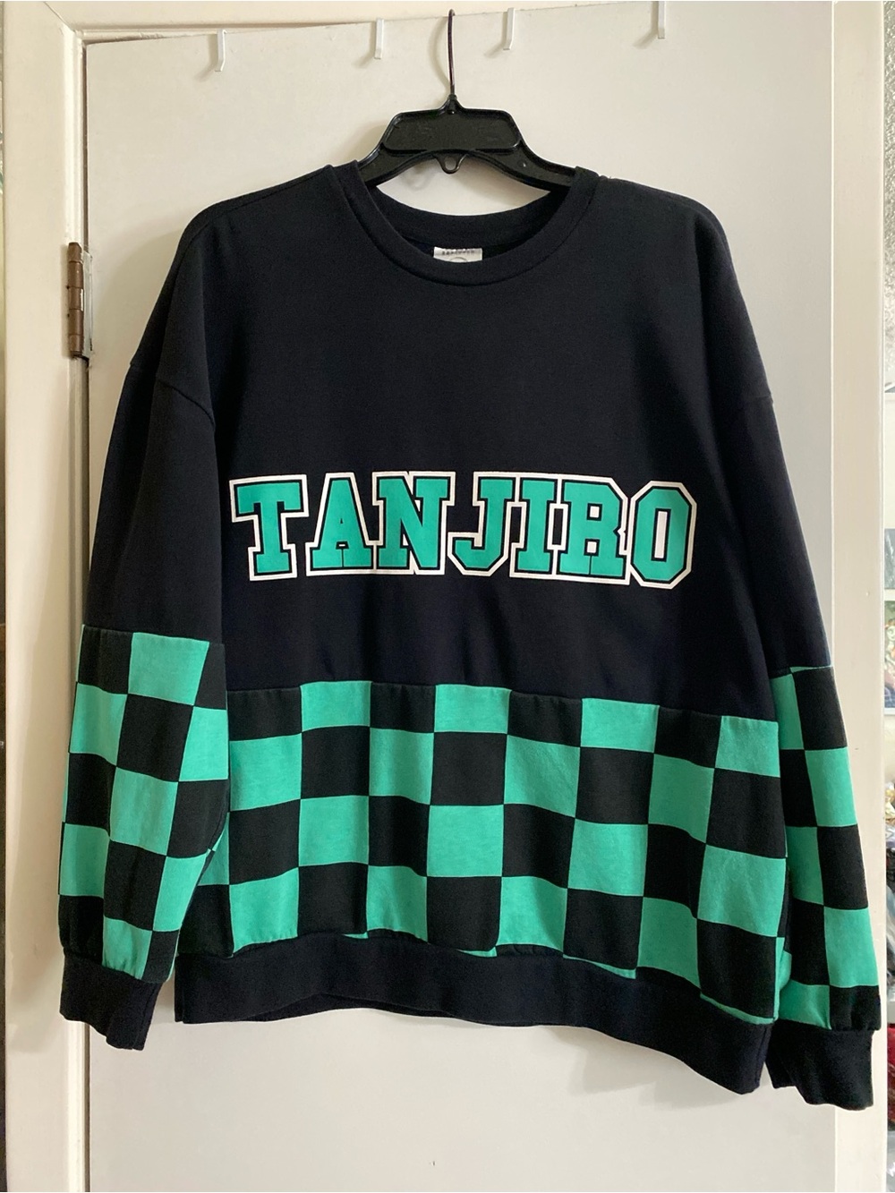 Kim Etsy no Yaiba Tanjiro black and green checkered, crewneck sweatshirt